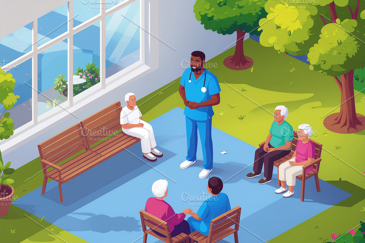 Healthcare worker speaking with seniors in courtyard, a Healthcare Illustration by DanFLCreativo
