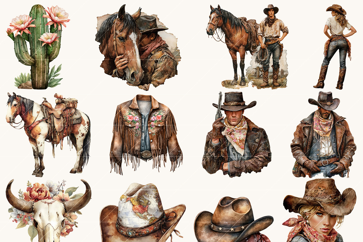 Watercolor Cowboy Clipart Bundle, a Person Illustration by BusyDaydesign (Photo 2 of 9)