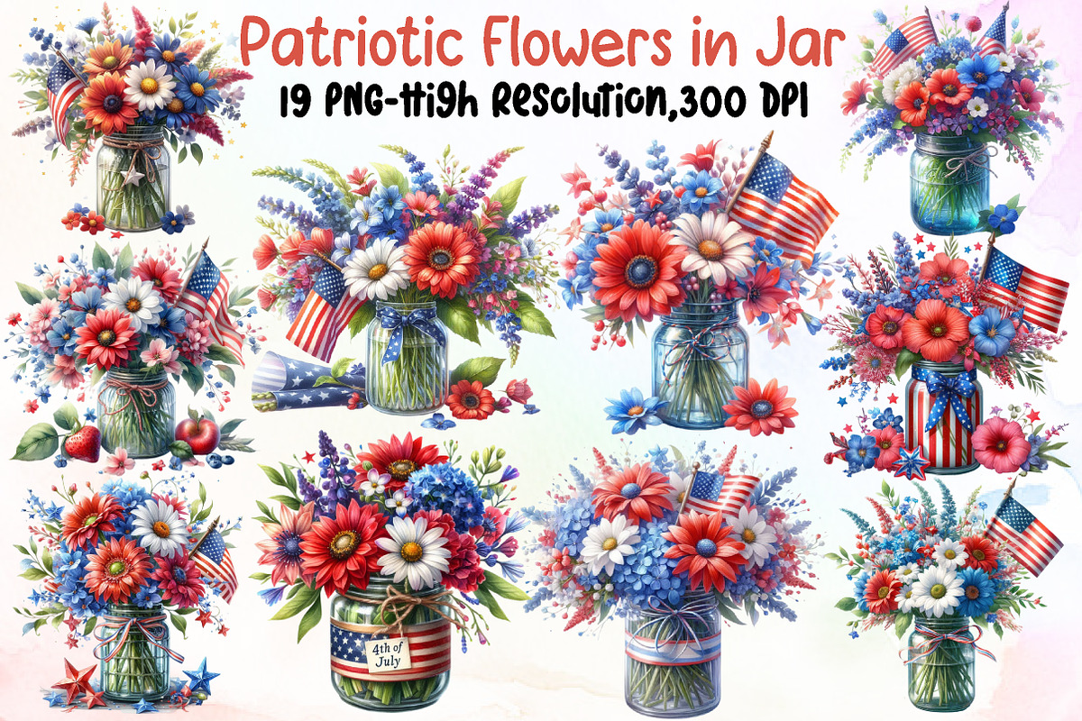 Vintage Patriotic Flowers in Jar PNG, an Illustration by Sublimation Artist (Photo 1 of 6)