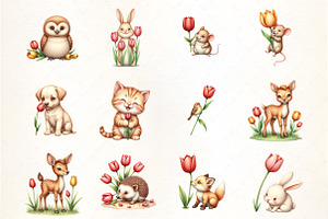 Cute Animals and Tulip Flower Clipar, an Illustration by CrexoraLab