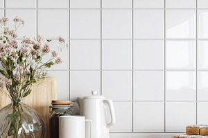 Minimalist kitchen interior displaying white square tiles, woode, a Photo by Studio ANNA