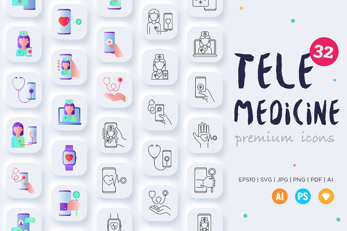 Telemedicine | 32 Icons Set, an Outline Icon by Marina Silence (Photo 1 of 17)