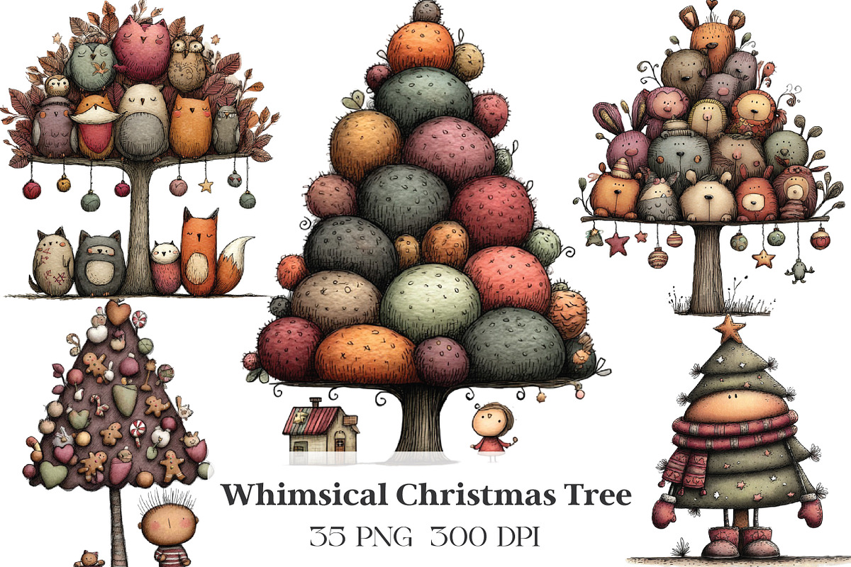 Whimsical Christmas Tree Clipart, an Illustration by CraftArtStudio (Photo 1 of 6)