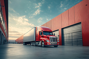 Modern warehouse building and parked semi truck, an Architecture Photo by AlyaAnd