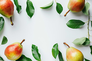 Red pears with leafs and copyspace for text on white background, a Food & Drink Photo by AlyaAnd