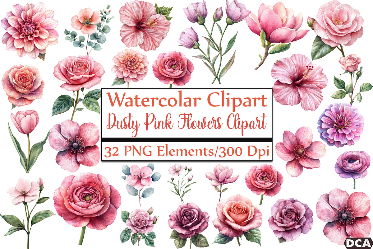 Dusty Pink Flowers Clipart, an Illustration by DreamCafeArt (Photo 1 of 7)