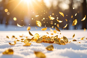 Golden confetti sparkling above snow in bright sunlight, a Holiday Photo by GoodGoods