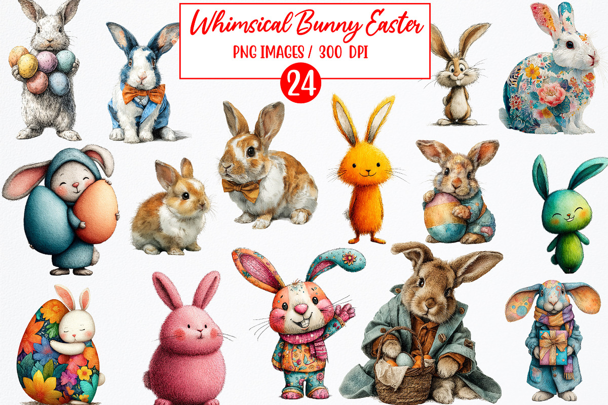 Whimsical Bunny Easter Clipart, an Illustration by Watercolor design (Photo 1 of 6)