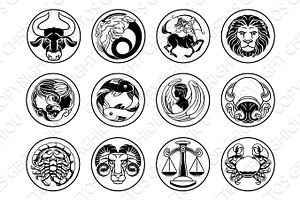 Zodiac Astrology Horoscope Star Signs Symbols Set