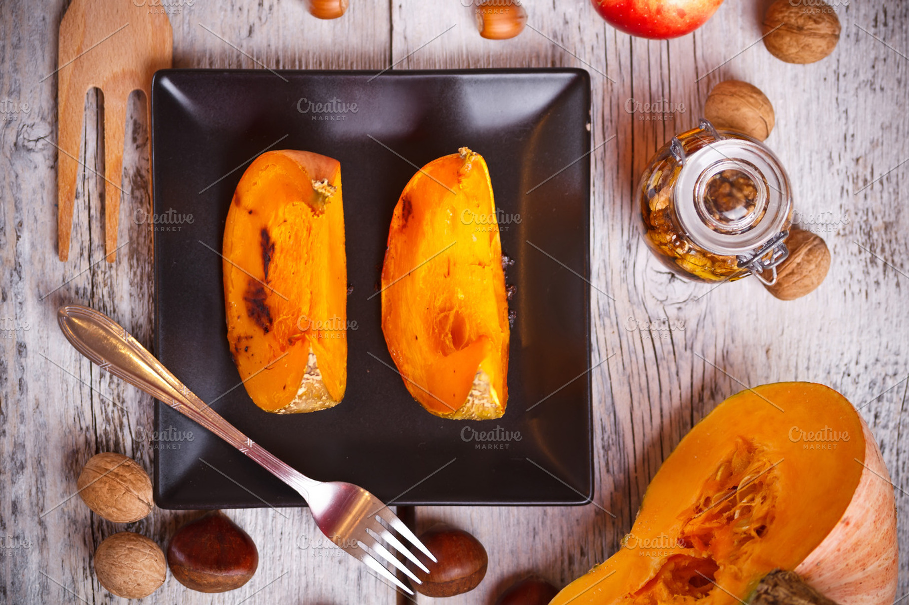 Baked pumpkin slices containing appetizer, apple, and autumn