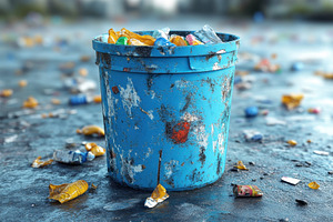 Littered park area with a blue trash, a Photo by Tanuart