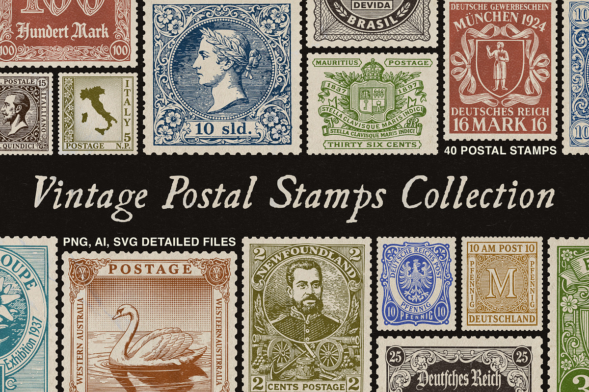 Vintage Postage Stamps Collection, an Object Graphic by pixelbuddha.net (Photo 1 of 6)