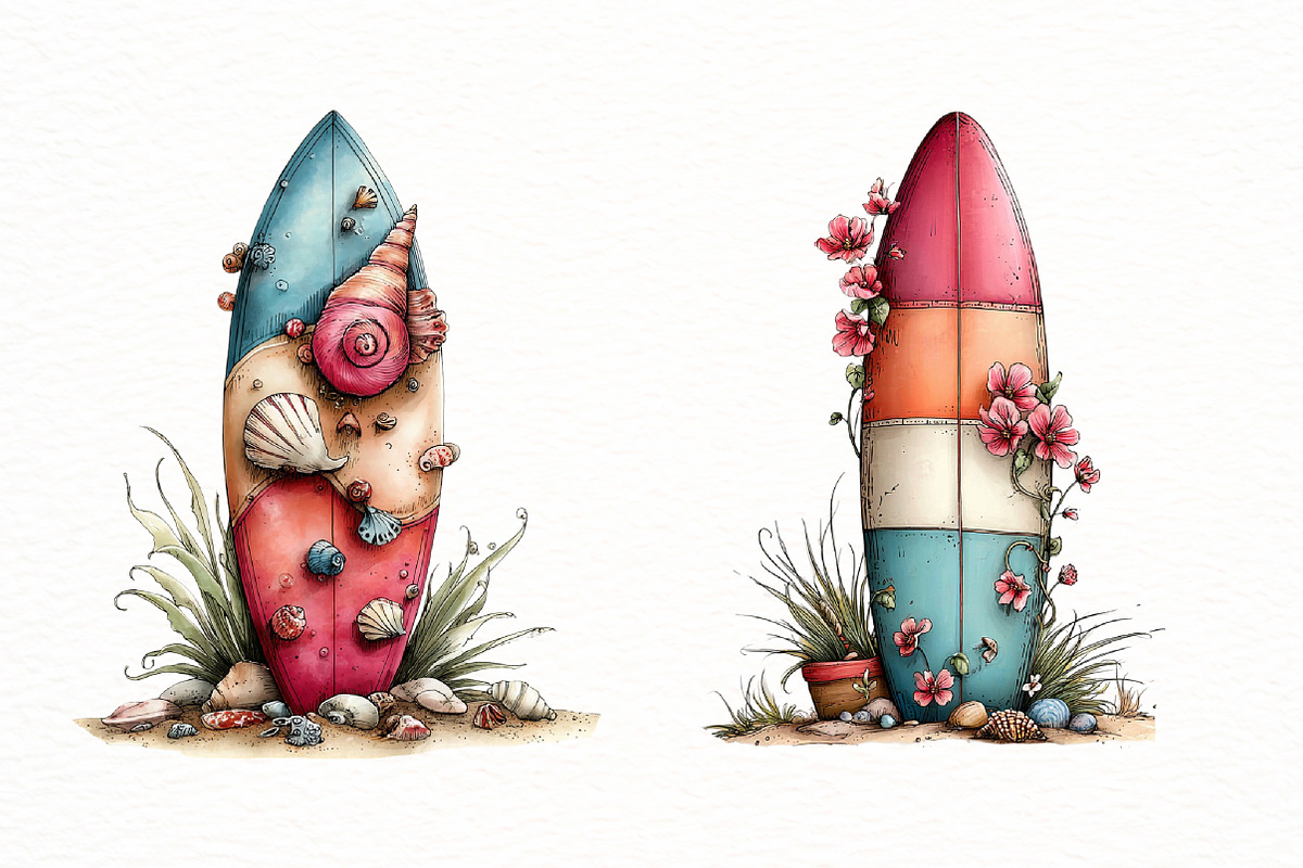 Whimsical summer surfboard clipart, an Illustration by Designworld (Photo 8 of 8)