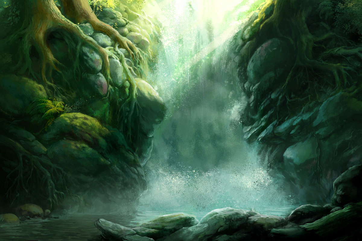 Enchanted waterfall, an Illustration by Clonefront