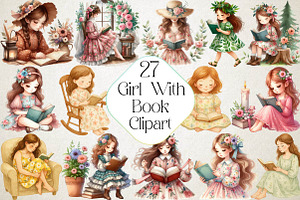 Girl in Floral Dress Read Book Clipa, an Illustration by DreamPrint404