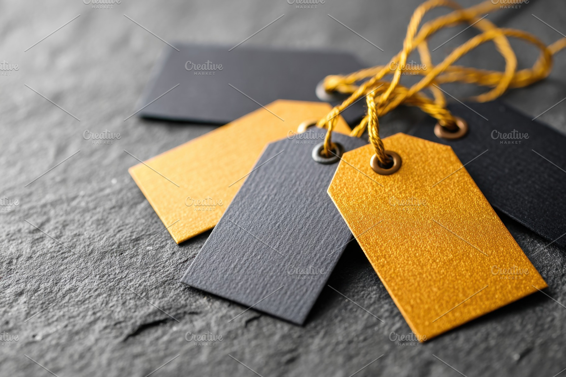 Black and gold glittery tags on dark surface, a Holiday Photo by AlyaAnd