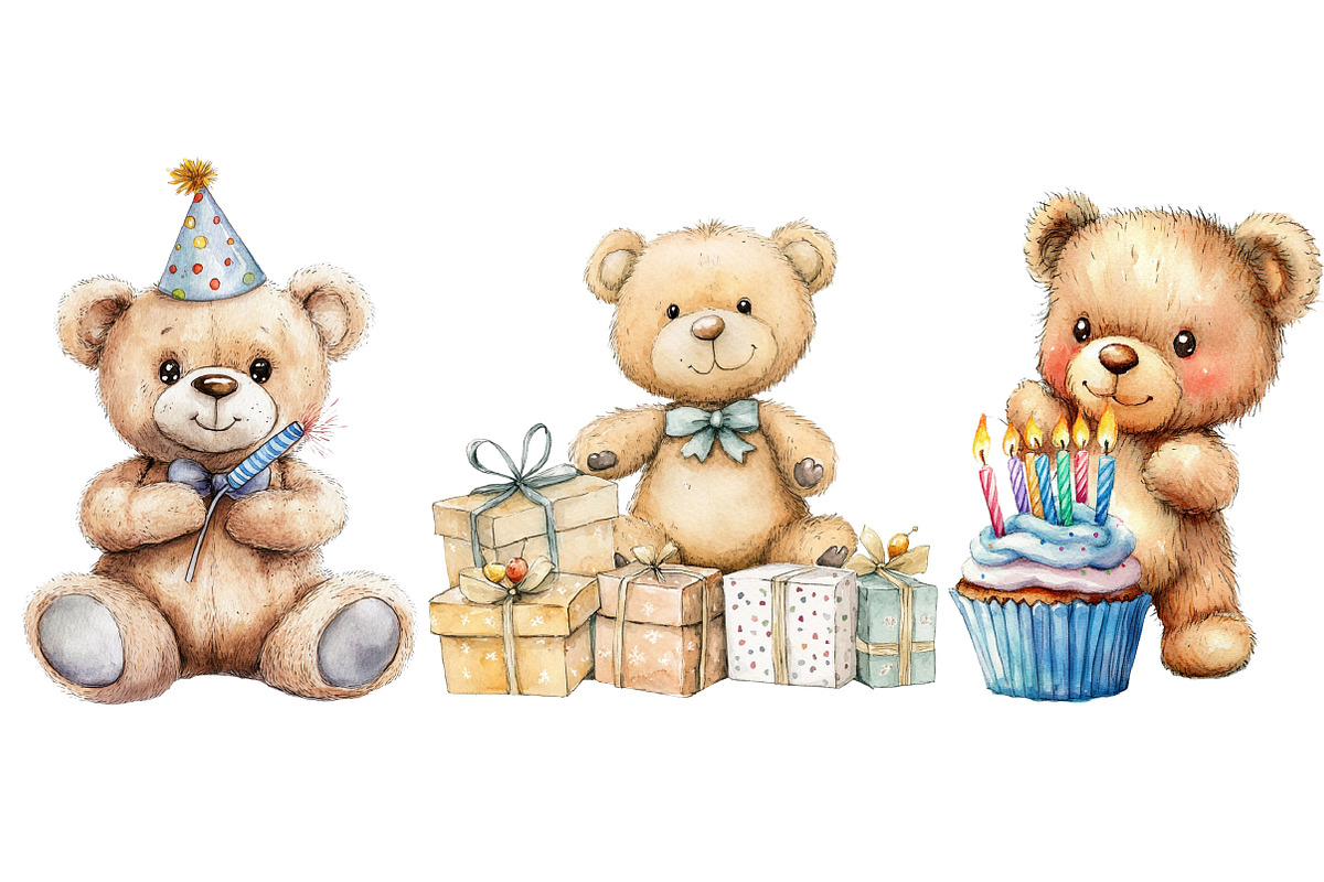 Watercolor Birthday Bears Clipart, an Illustration by Pixels.Craft (Photo 6 of 7)