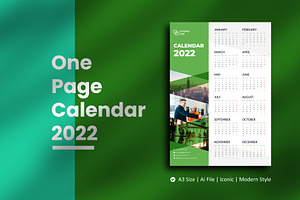 Green One Page Wall Calendar 2022