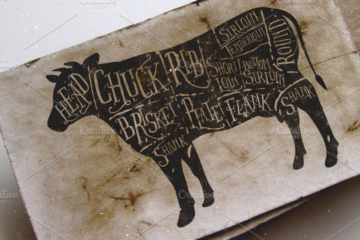 Vintage butcher cuts of beef diagram, an Animal Illustration by 1baranov (Photo 1 of 2)