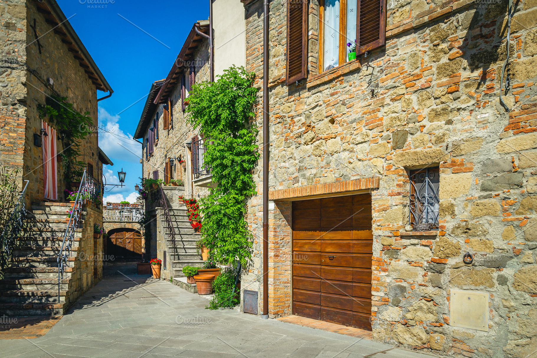 Cozy street view and stone houses, an Architecture Photo by Alpine Dreams