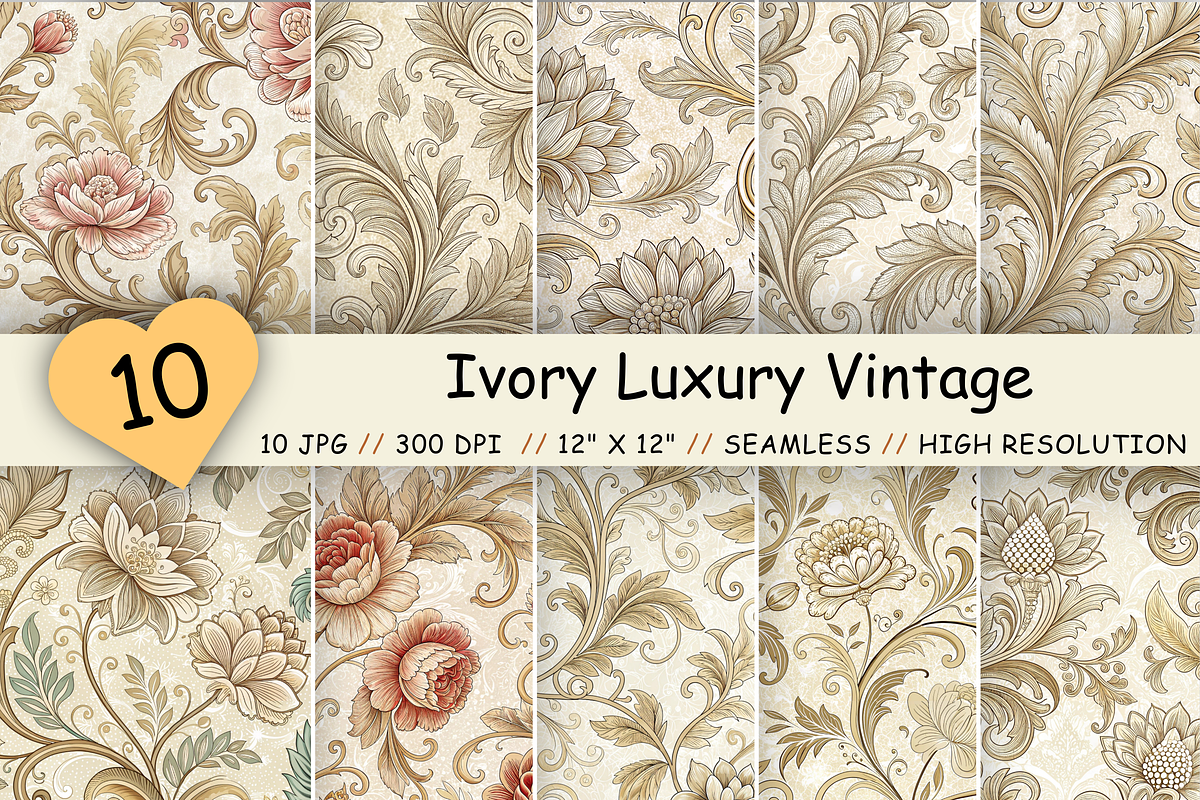 Ivory Luxury Vintage Patterns Bundle, a Pattern Graphic by FloridPrintables (Photo 1 of 6)