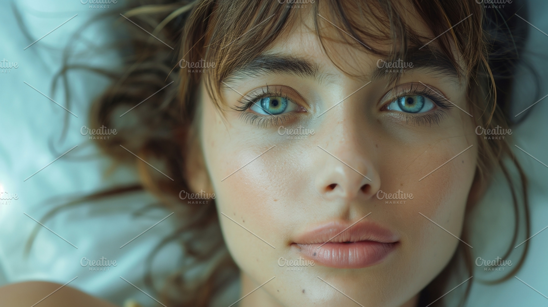 Close-up portrait of a young woman with striking blue eyes and soft features, e, a Person Photo by ImageMir