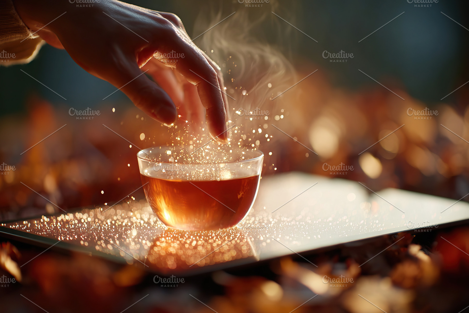 Hand reaching toward a floating holographic cup surrounded by autumn leaves and, a Food & Drink Photo by AlyaAnd