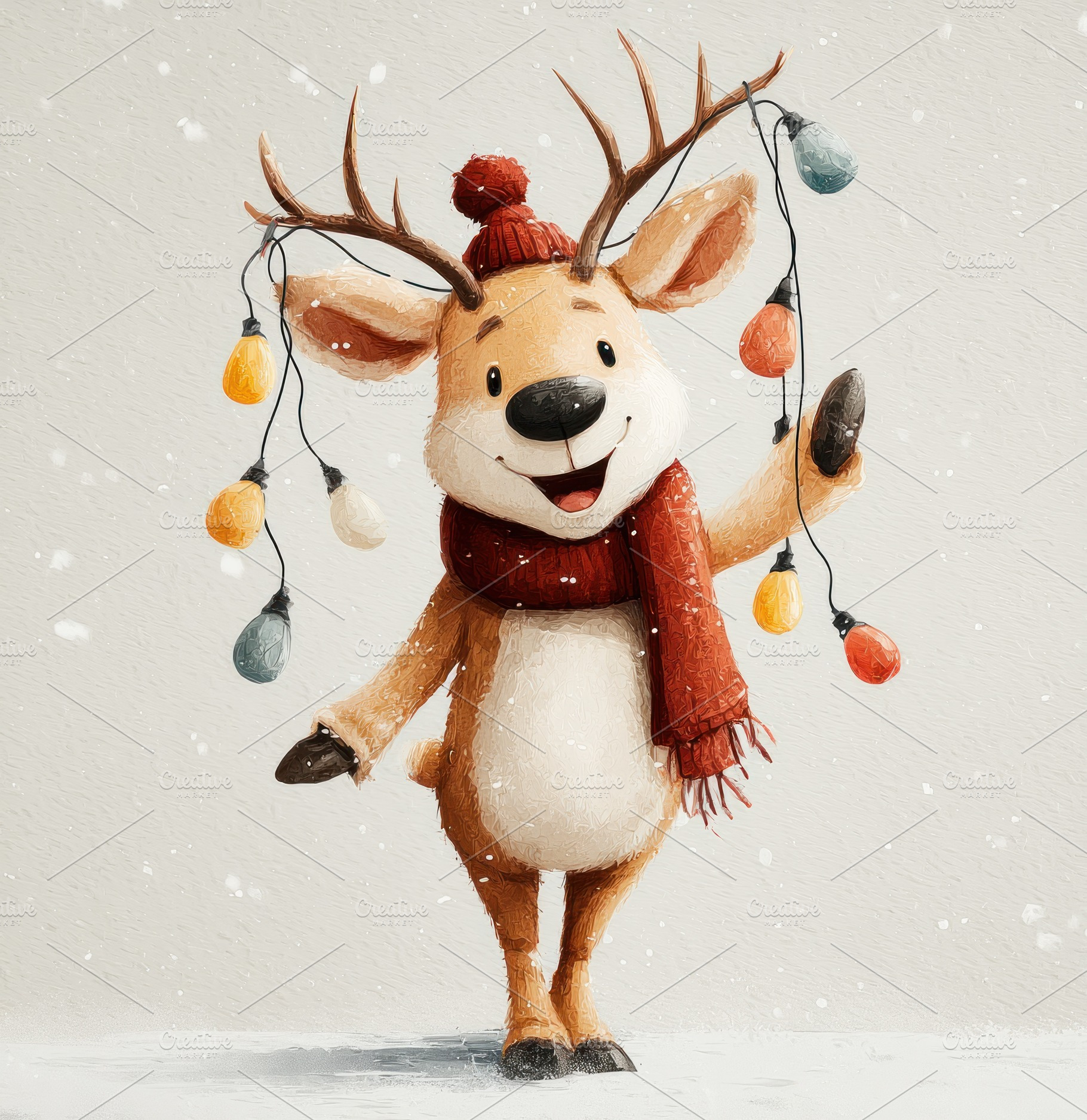 Happy cartoon reindeer in red scarf and beanie holding Christmas, a Nature Photo by José Manuel Gelpi
