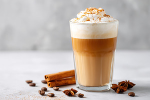 Delicious latte with whipped cream and spices served in a tall glass on a gray, a Photo by AlyaAnd