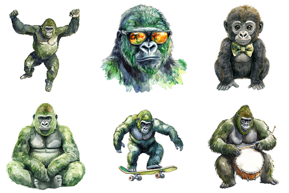 Watercolor Green Gorilla Collection, an Illustration by DreamArtGraphic (Photo 3 of 5)