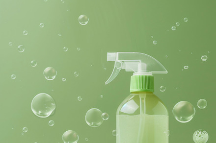 Spray bottle with green liquid and foam on green background, a Photo by Dvoevnore photos