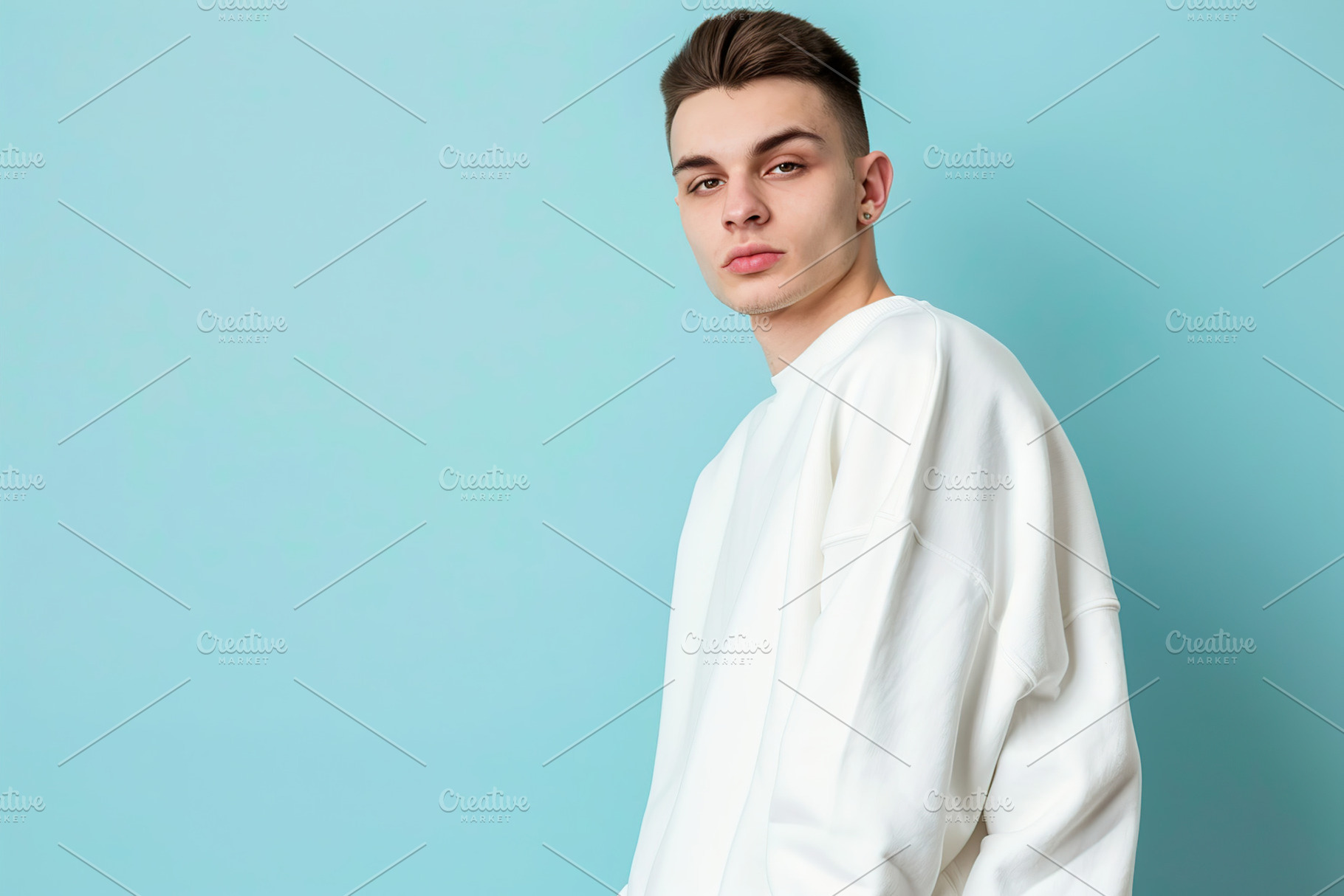 Young attractive man in sweatshirt on blue background, a Person Photo by AlyaAnd