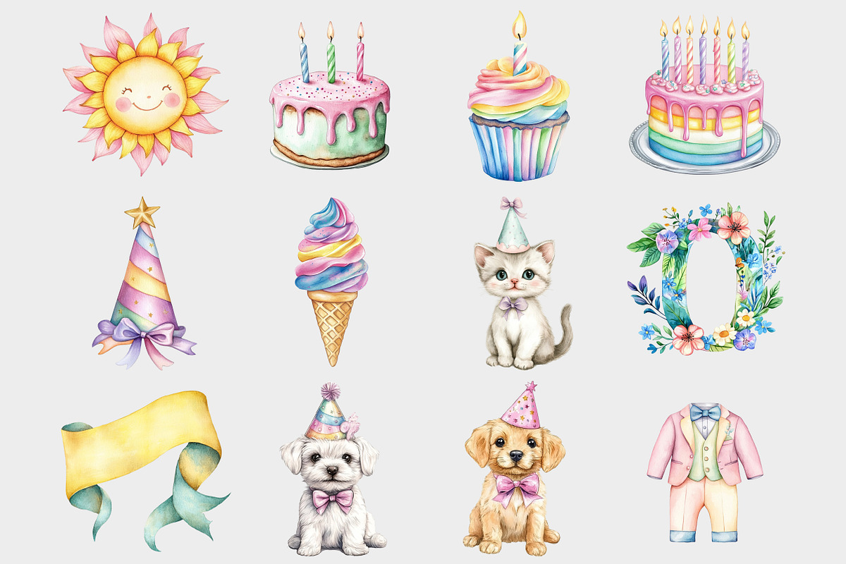 Watercolor Pastel Birthday Clipart, a Seasonal Illustration by Design Market (Photo 3 of 5)