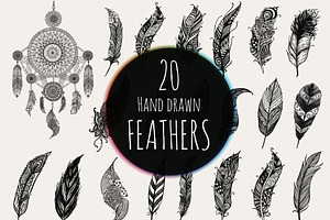 20 Hand Drawn Feathers