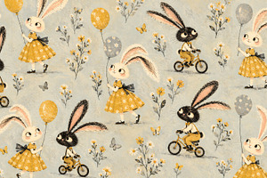 Whimsical pattern of white rabbits in yellow floral dresses hold