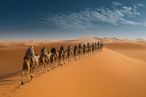 Caravan crossing Sahara Desert dunes, a Photo by Pixeness Studio