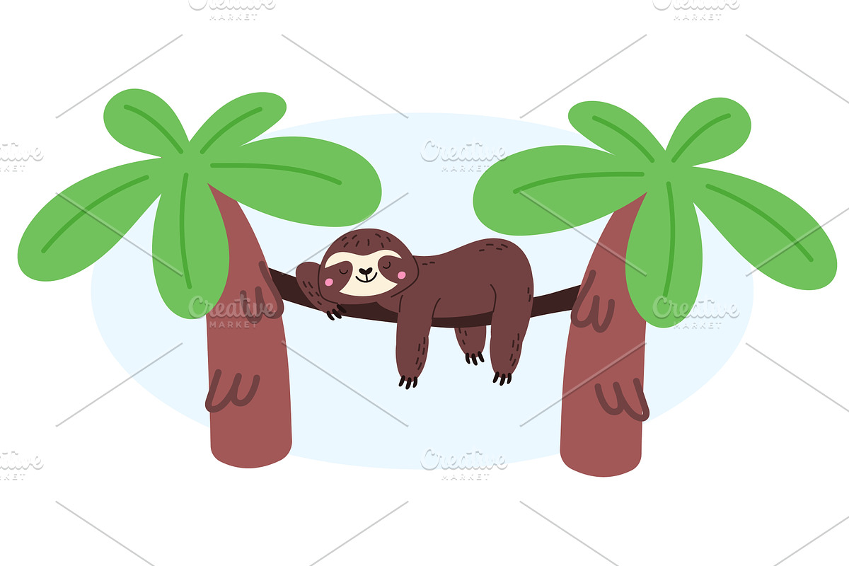Cute cartoon sloth sleeps on branch, an Animal Illustration by Vectorbuum