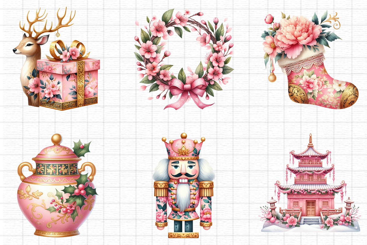 Pink Chinoiserie Christmas Clipart, a Seasonal Illustration by Daily ...