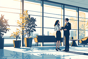 Two professionals discussing work in modern office lounge with natural lighting, an Illustration by AS photostudio
