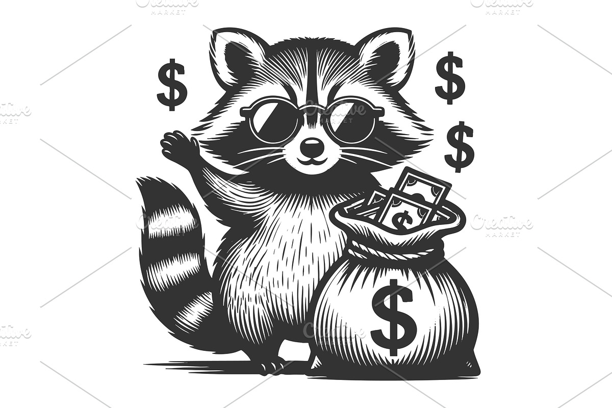 Cool raccoon with money bag vector, a Finance Illustration by AlexArt