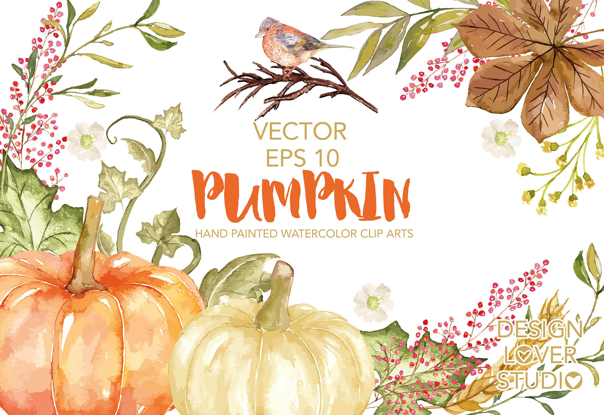 Vector Watercolor Pumpkin clip arts, an Illustration by designloverstudio