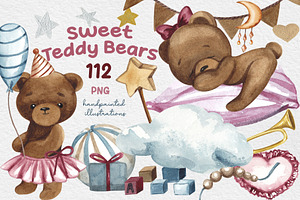 Sweet Teddy Bears Watercolor Clipart