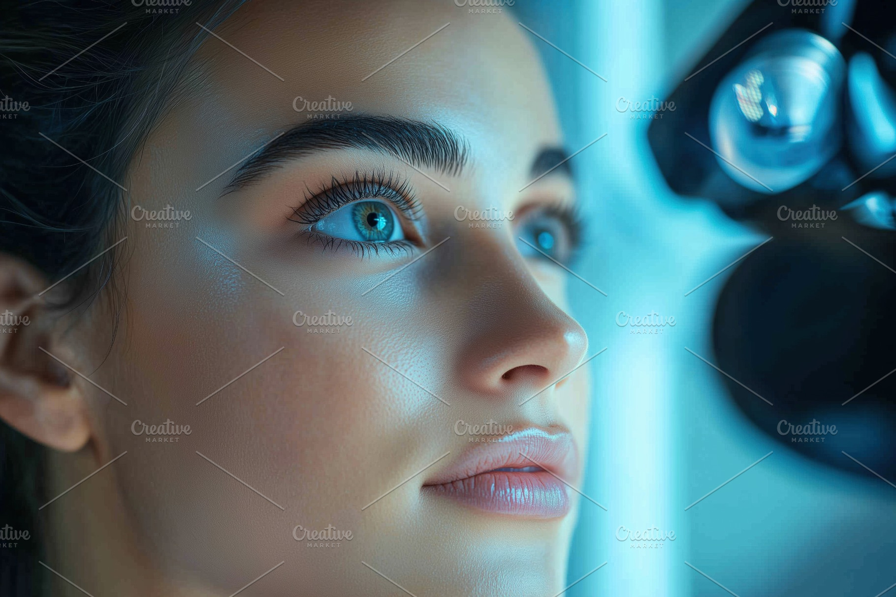 A close-up portrait of a young woman esthetic technologist with striking blue e, a Person Photo by Textures & Backgrounds