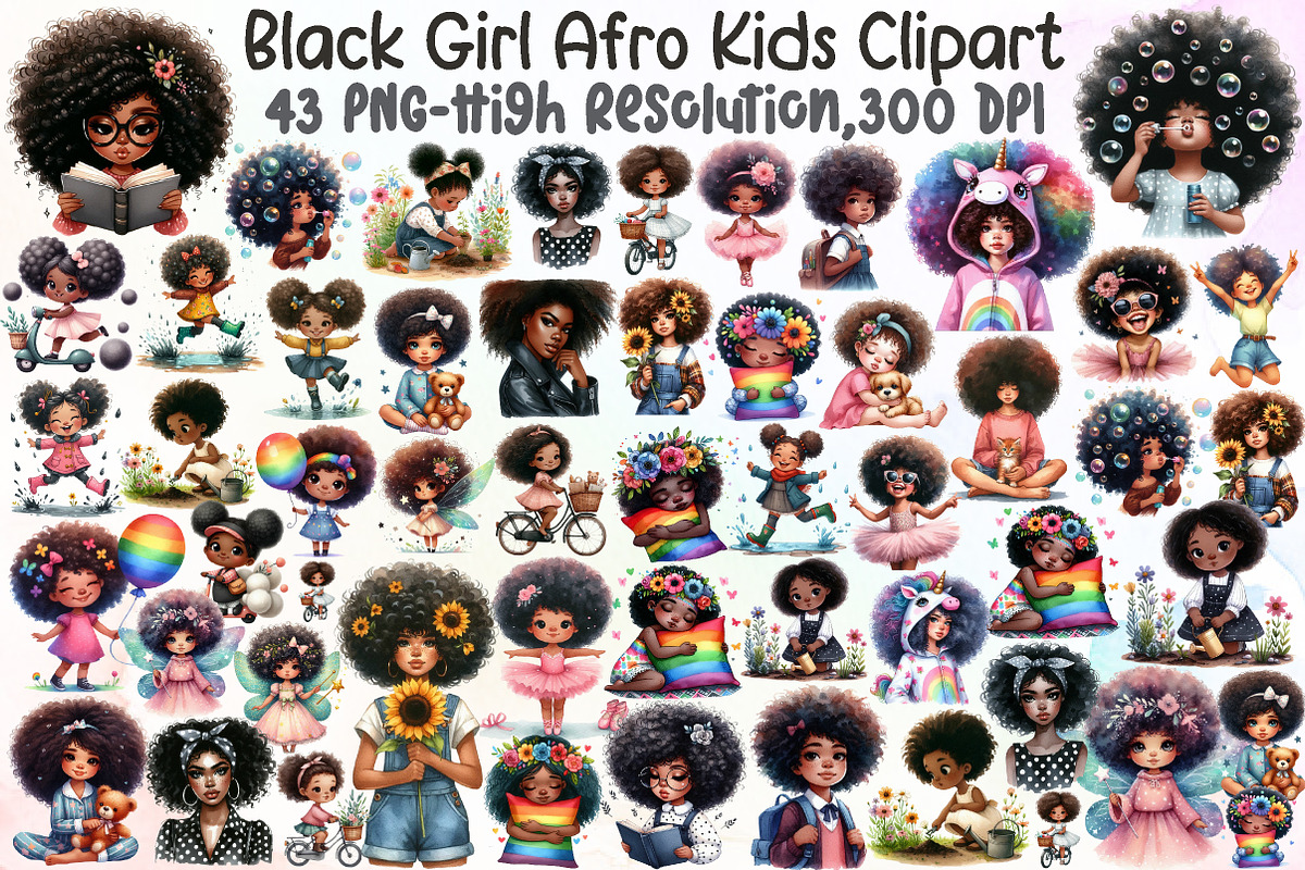 Black Girl Afro Kids Clipart Bundle, an Illustration by Sublimation Artist (Photo 1 of 6)
