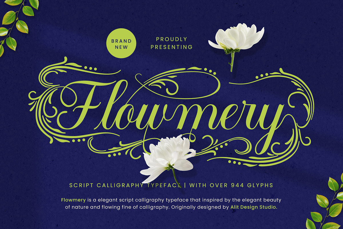 Flowmery Typeface, a Script Font by alit design (Photo 1 of 15)