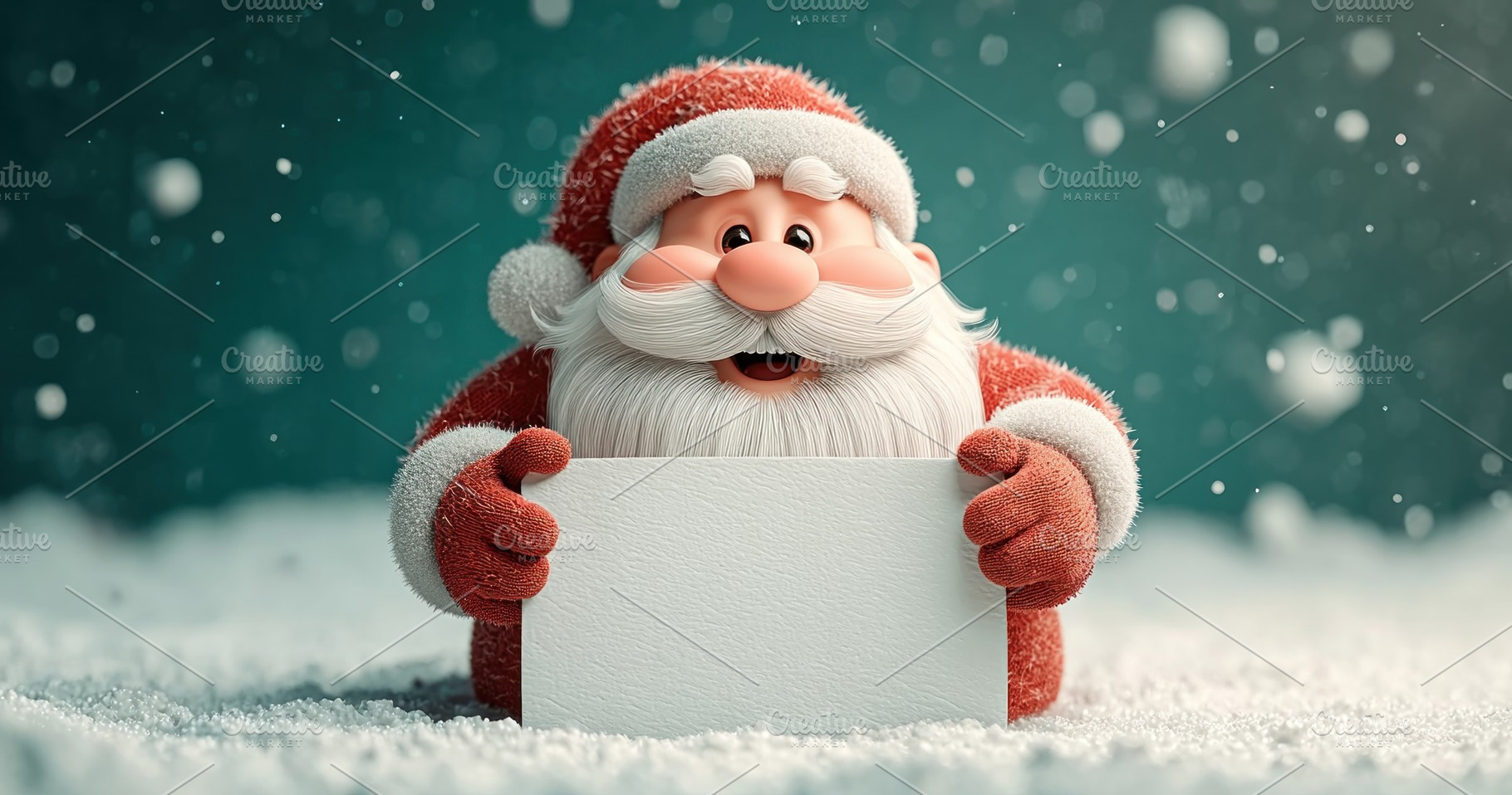 Cute Santa Claus character holding blank sign in snowy winter sc, a Holiday Photo by José Manuel Gelpi