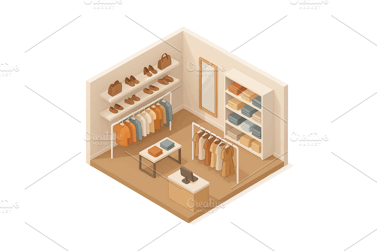 Isometric clothing store interior, an Object Illustration by AlexArt