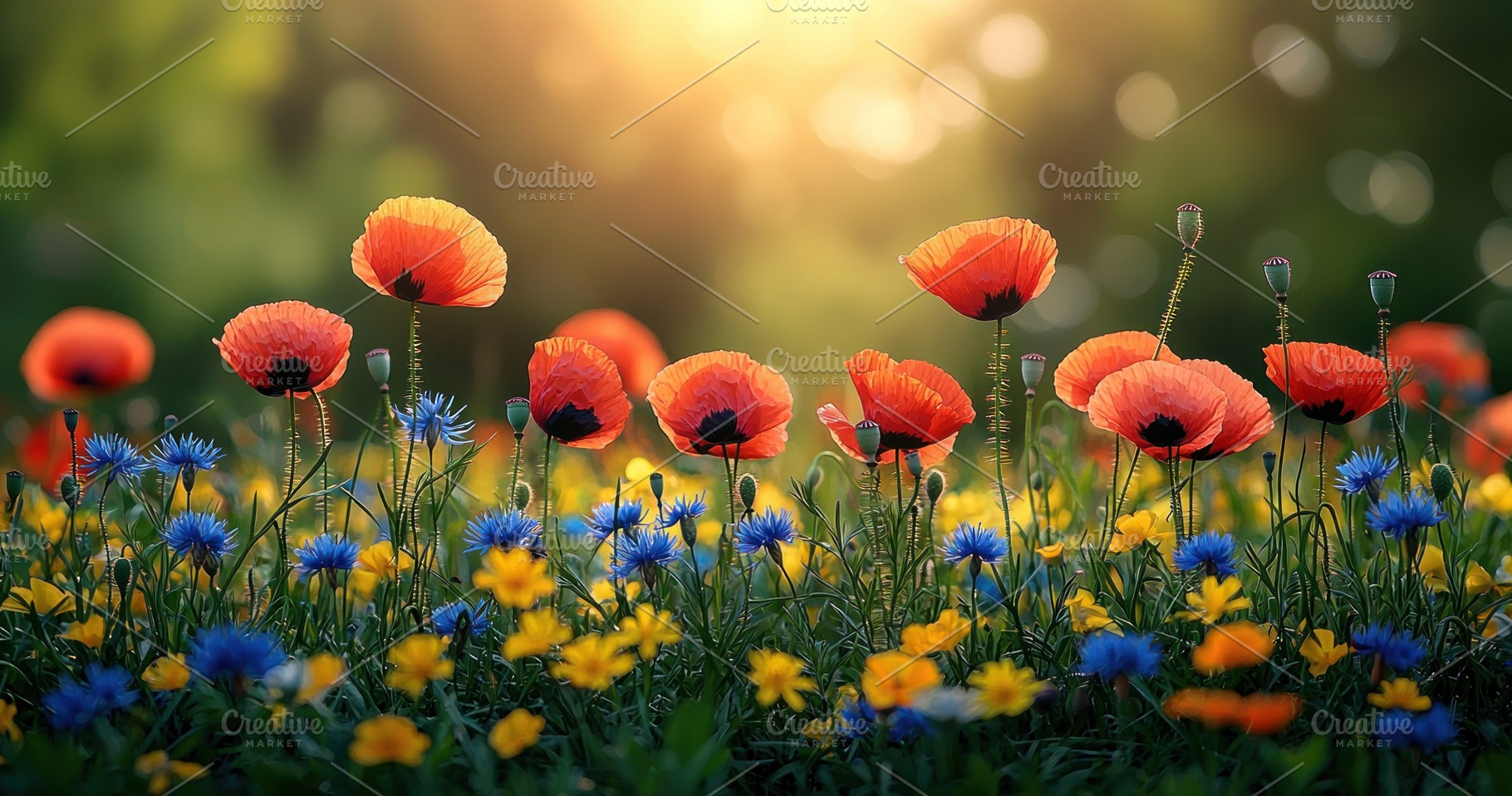 Colorful wildflowers blooming in a vibrant meadow at sunrise wit, a Nature Photo by José Manuel Gelpi