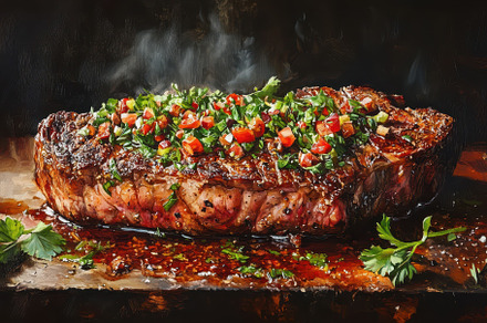 Grilled steak topped with fresh herb, a Photo by Tanuart