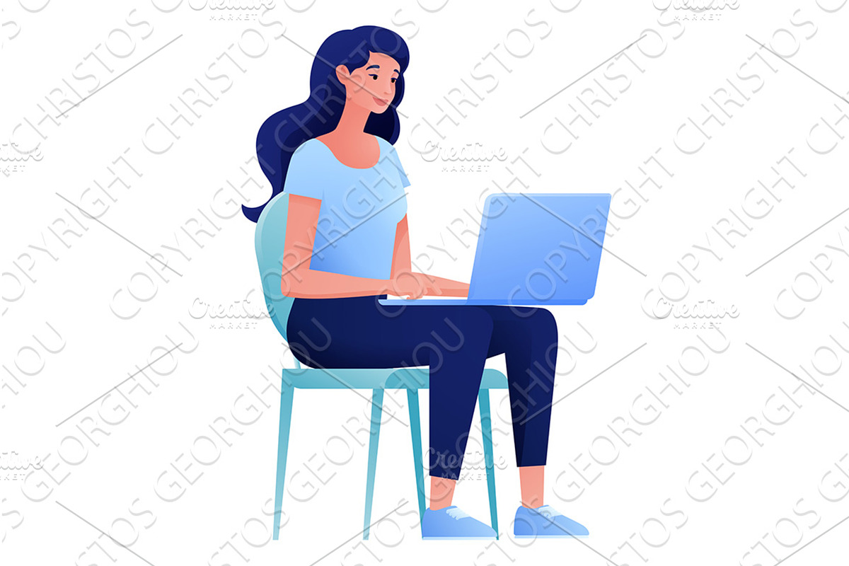 Woman Using Laptop Computer Cartoon, a Person Illustration by Christos Georghiou